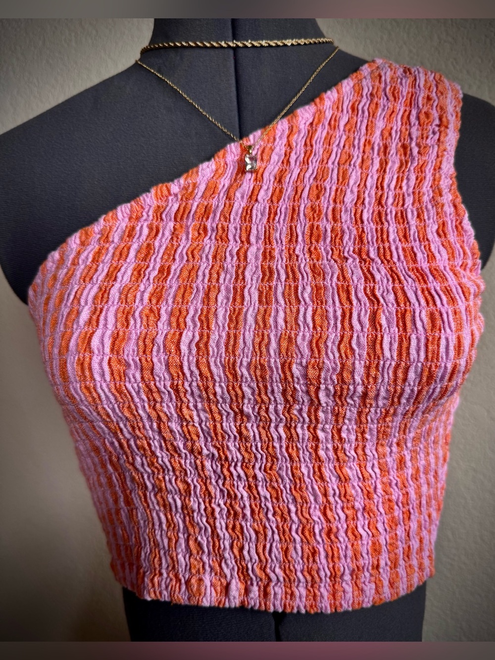 Linen Blend Smocked Pink Orange Striped One Shoulder Tank Top S